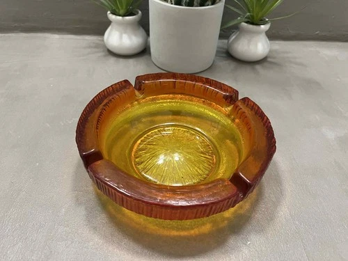 Vintage Heavy Tangerine Amberina Ashtray MCM Art Glass-Blenko