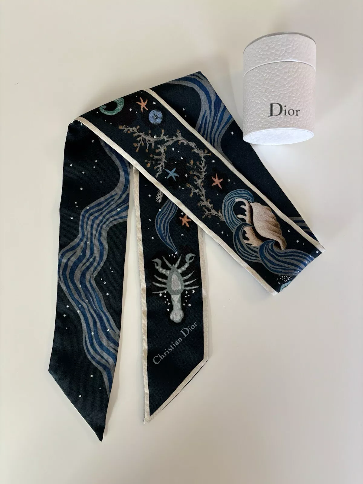 Foulard sergé de soie Dior 100% authentique, sous la mer bleu marine 
