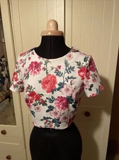 ASOS Reclaimed Vintage Ladies Cropped Top Size 10 Pink Mix Floral Stretch Ponte