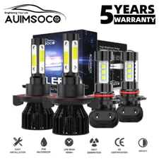 4-Sides White LED H13 Headlights + H10 Fog Light Bulbs Plug&Play Conversion Kit