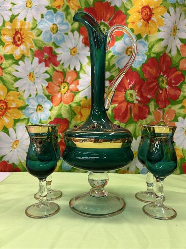 Vintage Murano Style Decanter W/ 4 Glasses Venetian Blue W/Gold & Red Gems-Italy - Picture 2 of 5