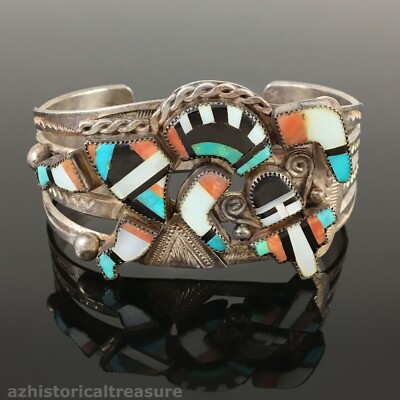NATIVE AMERICAN ZUNI HANDMADE SILVER MULTI-STONE