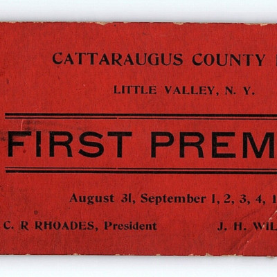 1908 Cattaraugus NY Fair 1st Premium Prize Ribbon Card Little Valley New York A