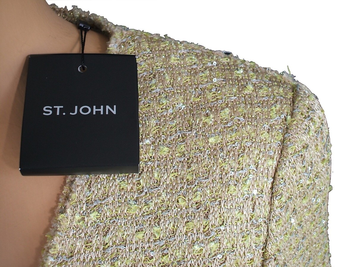 Abito Completo St. John Knits In Tweed Metallizzato Argento E Bianco - Taglia 14 - Nuovo Con Etichette
