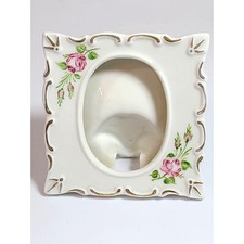 Vintage Pink Roses Porcelain Photo Frame White Green Leaves Scalloped Edges