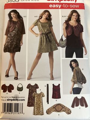 Simplicity 3533 Plus Size Dress Top Jacket Shrug Belt Bag Misses 14 22 Pattern