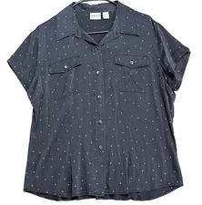 Chico's Shirt Womens 2 Black Polka Dot Silk Blend Button Front Short Sleeve
