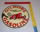 VINTAGE GILMORE RECORD BREAK GASOLINE CAR +FLAG 11 3/4" PORCELAIN METAL OIL SIGN