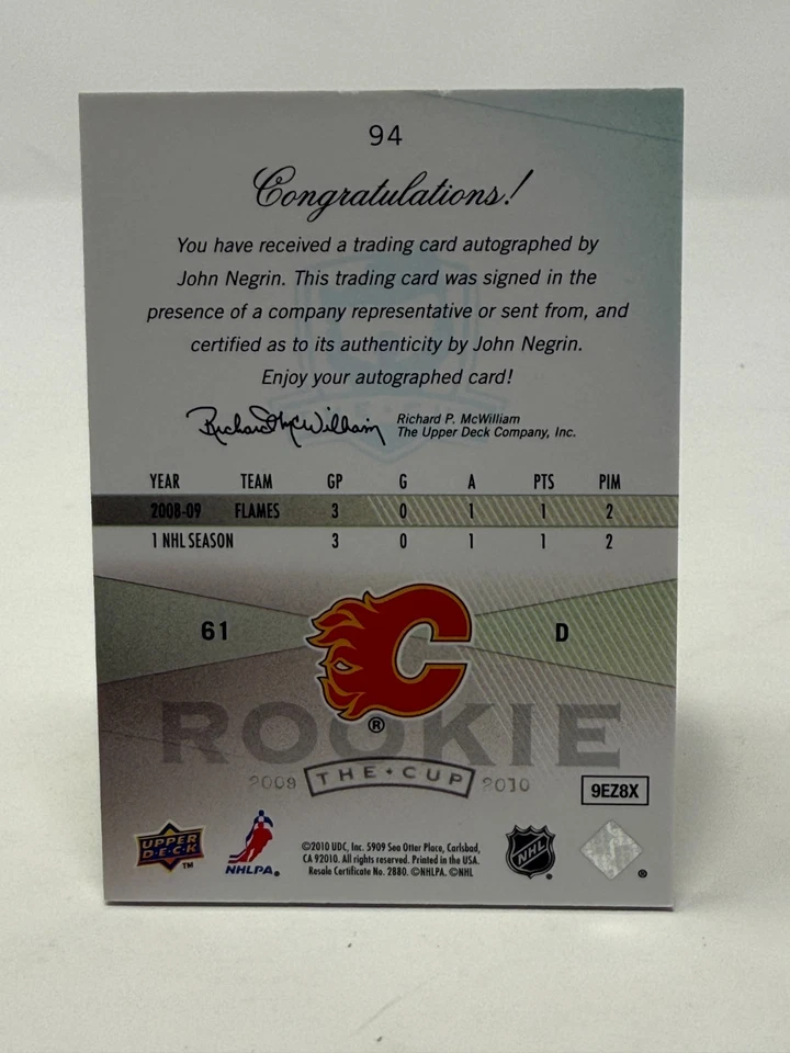 2009-10 Upper Deck The Cup - Rookie Autograph John Negrin #94 121/199 - Image 2 of 2