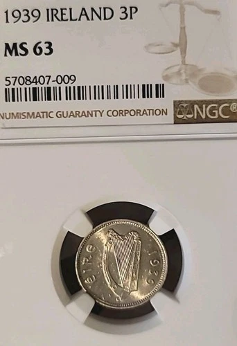 Ireland 1939 3 Pence Rare KeyDate Gem Superb BU NGC63PQ Luster/Sharp LJ