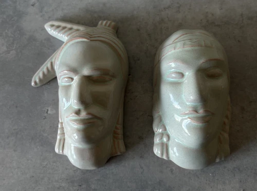 Set of 2 Vintage Frankoma Indian Chief Head - Female Brave Head - Wall Decor 5"