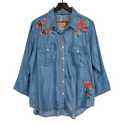 No Brand Embroidered Chambray 3/4 Sleeve Shirt Blue Floral - XL