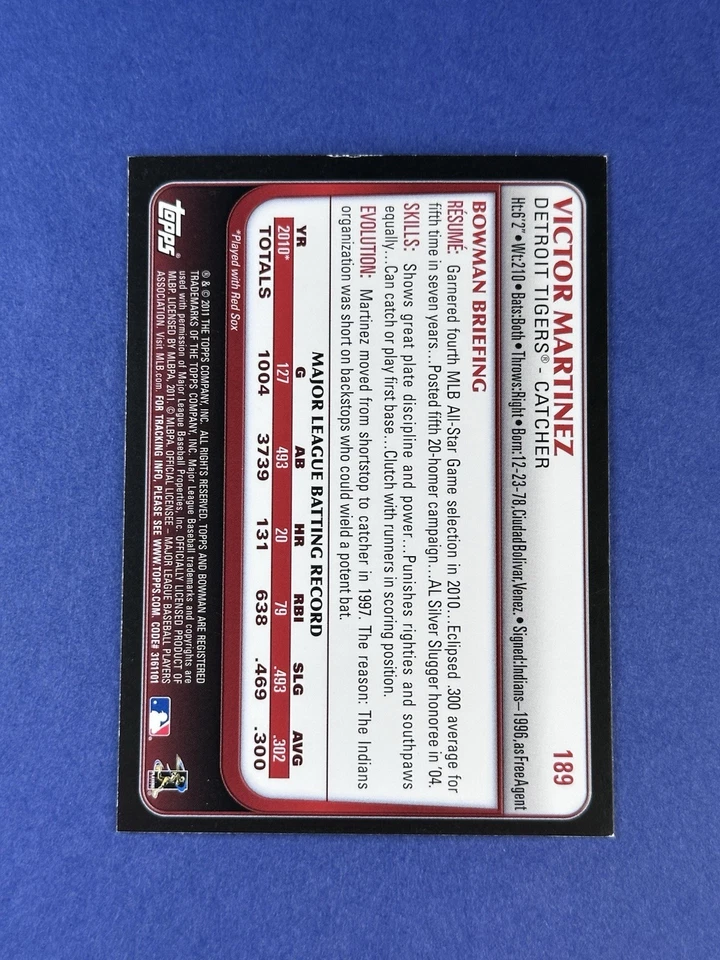 2011 Bowman ~ Victor Martinez ~ International ~ 189 ~ Tigers - Image 2 of 3