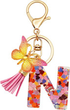 Initial Letter Keychains for Girls Women Pink Purple Green Cute Butterfly Heart