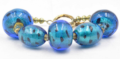 Estate HUGE Blue Murano style Glass Bead ladies Gold Plated toggle bracelet 8''