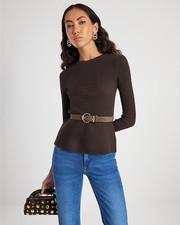 River Island Womens Peplum Top Brown Knitted Belt Long Sleeve Round Neck Blouse