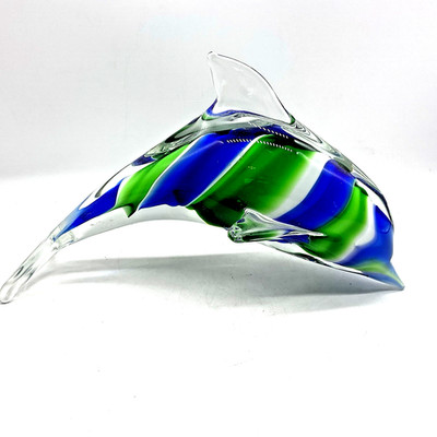Art Glass Dolphin Hand Blown Murano Style Figurine Clear Green White Blue Face