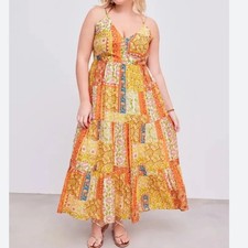 Cider 4XL V-neck Maxi Dress Curve Plus Orange Floral Boho Tiered