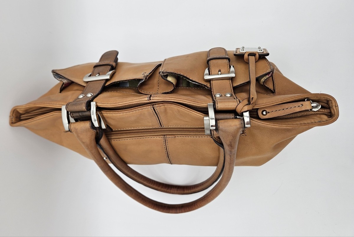 Tignanello Camel Brown Genuine Leather Satchel, Super Soft  Tignanello Caramel Brown Leather Satchel with Front Buckle Pockets main image 0