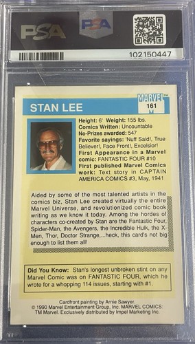 1990 Impel Marvel Universe Stan Lee #161 Rookie Card RC PSA 9 MINT JUST GRADED - Picture 2 of 2