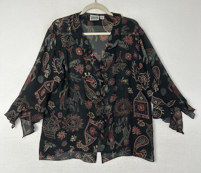 Chico s Design Womens Blouse Silk Sheer Ruffle Art Flore Animal Size 3
