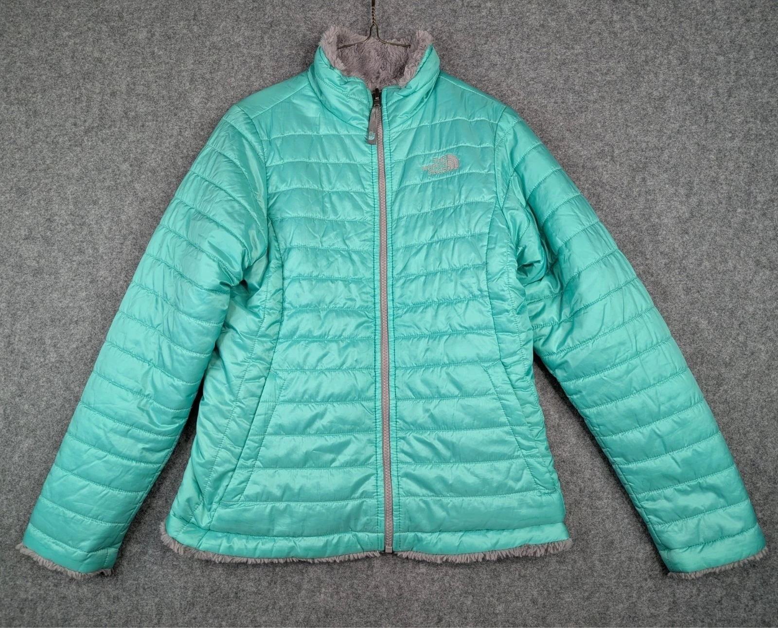 North Face Youth Jacket Girls Large Reversible Fleece Puffer Outdoor Gray Teal