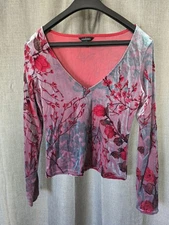 Moda International Y2k Velvet Rose V Neck Top Blue Red Long Slv Sz M Whimsigoth 