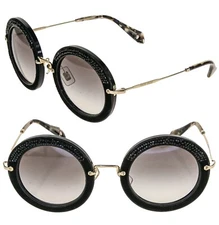 MIU MIU NOIR MU08RS Round Black Leather Crystal Rock Pave Gold Sunglasses 08R