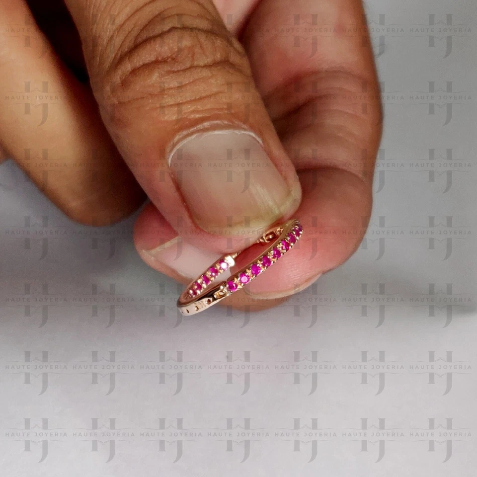 Solid 14k Rose Gold 18 mm Inside-Out Natural Ruby Hoop Earrings Fine Jewelry - Image 2 of 4