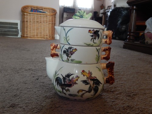 Ceramic Stacking Tea Set For One, Roosters Teapot Creamer Cup Vintage UNIQUE - Picture 3 of 24