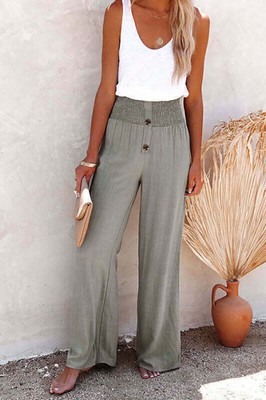 Damen Hose aus Baumwollleinen, Sommerhose mit Taschen und elastischer Taill R8D8