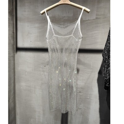 rhinestone see through mesh bodycon dress DailyTrove Women's Sheer Mesh Bodycon Dress-Sleeveless-Rhinestone  Trim-Polyester-for Nightclub/Party-Sparkly Sheer Design