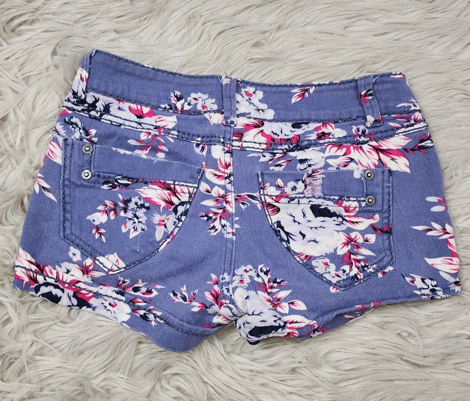 Vanilla Star Shorts Women Size 0 Blue Floral Print  Stretch Low Rise Jean - Image 3 of 4