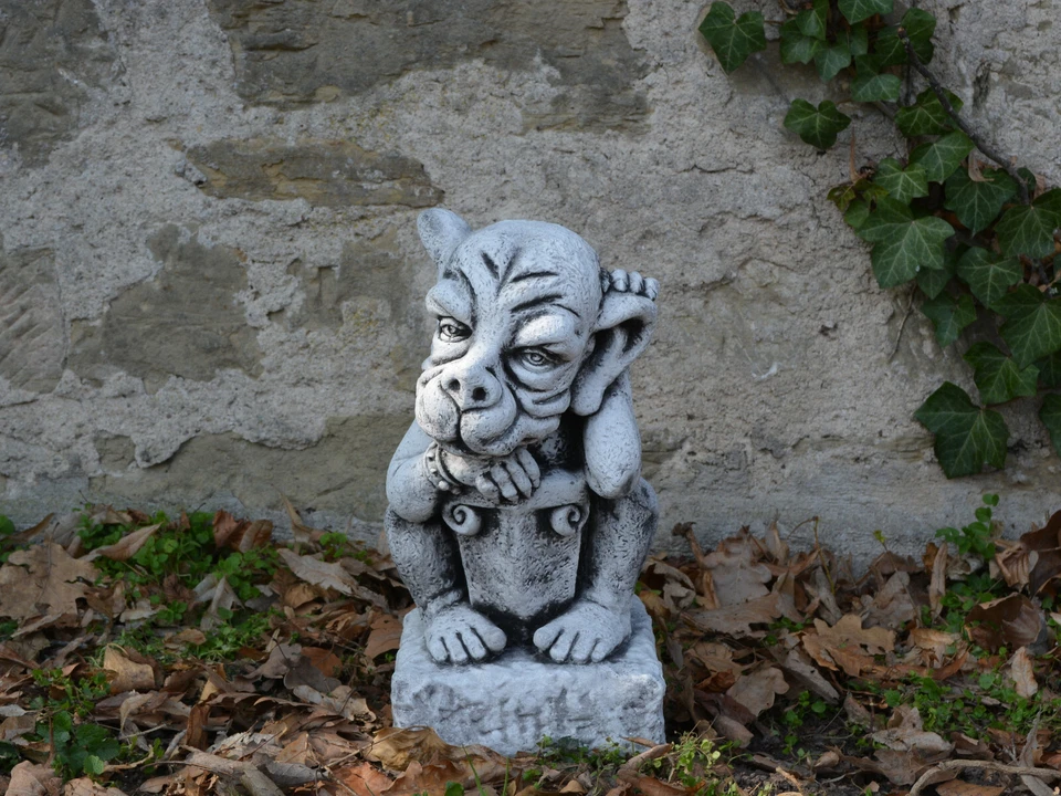 Gargouille sur socle motif I figurine en pierre 38 cm 16 kg gris béton résist... - Photo 4/4