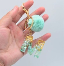 26 Initials Letter Key Pendant With Green Fluffy Pompom Fashion Girls Handbag Gl