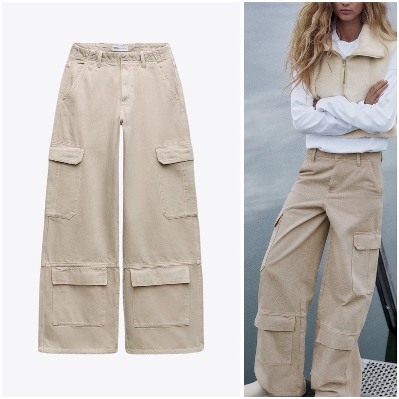 Zara NWT Wide Leg Cargo Jeans Sz 2 (They Run Large) Measurements In  Description