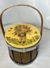Vintage Round Wood Barrel Style Sewing Storage Box - Hand Painted Girl Flowers