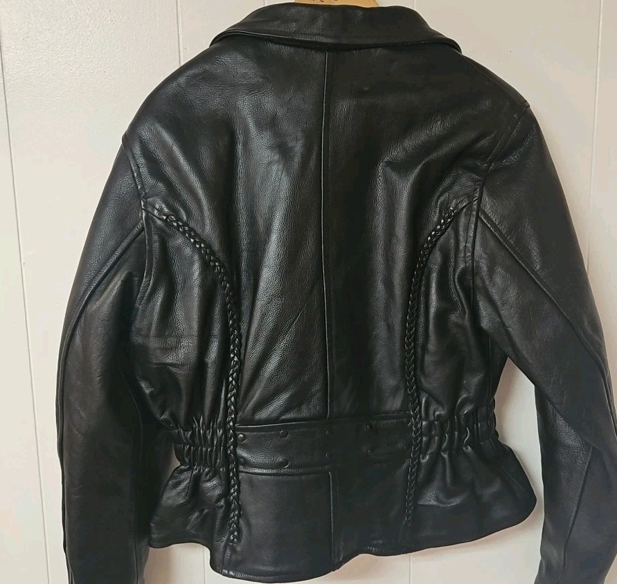 USA Bikers Dream Apparel HEAVY Black Leather Jacket Braided/Studded Zip Liner L