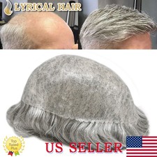All Poly Mens Toupee Human Hair Replacement System Skin PU Grey Brown Hairpiece