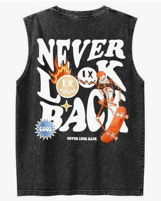#ad Black Tank Top Graphic Tee Shirt Skeleton quot;Never Look Backquot; Thick 100% Cotton L $18.00