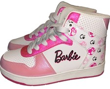 New Barbie White and Pink High-Top Sneakers with Logo Size 2 Girls Mattel Tie