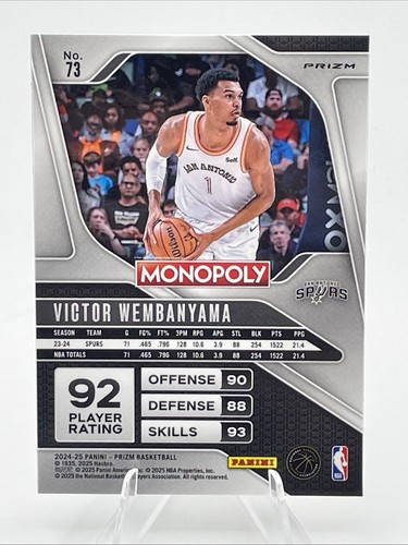 Victor Wembanyama Silver Prizm 2024-25 Monopoly Prizm Basketball #73 Wemby Spurs - Picture 2 of 2