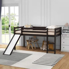DORTALA Twin Loft Bed with Slide, Wood Low Loft Bed with Ladder for Kids and