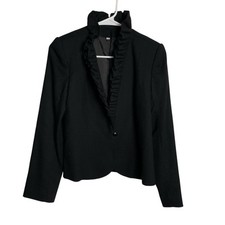 Vintage Peabody House Blazer Jacket Womens 7/8 Black Wool Ruffle Collar Couture