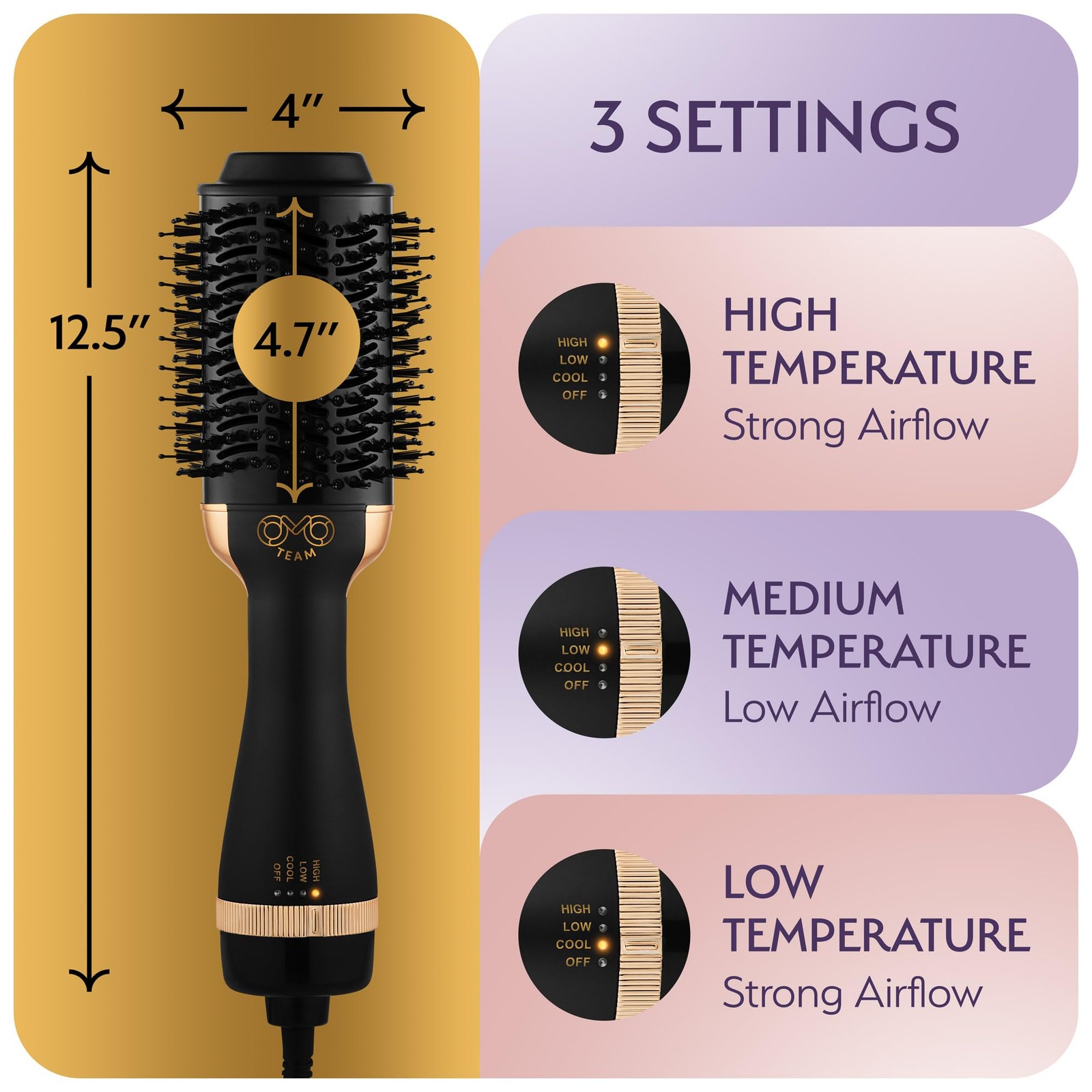 Professional Blowout Hair Dryer Brush, Black Gold Dryer and Volumizer, Hot Ai...