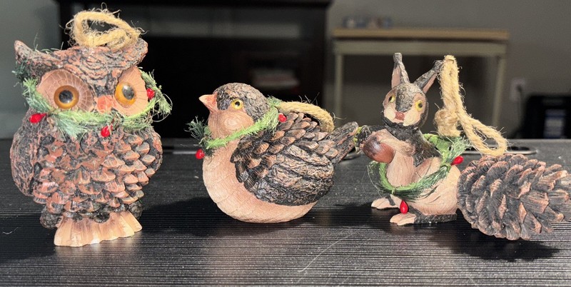 Vintage Resin Woodland Bird And  Rabbit , Owl, Christmas ornaments.  Set of 3