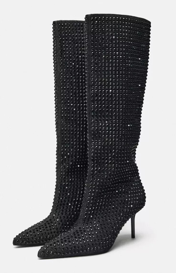 BNWT ZARA Black Rhinestone Denim Knee High Heel Boots Size 4/37 image 3