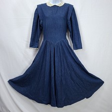 Vintage 80s Midi Dress Chambray Denim Big Swing Cottage Prairie Western Sz S