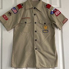 Vintage Boy Scouts of America BSA Youth Shirt Youth Large Tan Sewn on patches