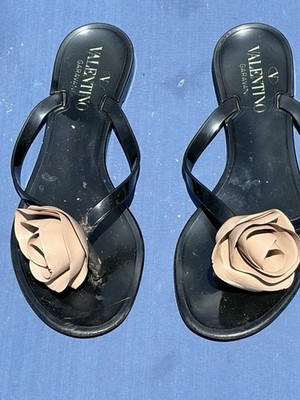 Valentino Garibaldi Black Jelly, Thong Sandals With Beige Rose Size 35